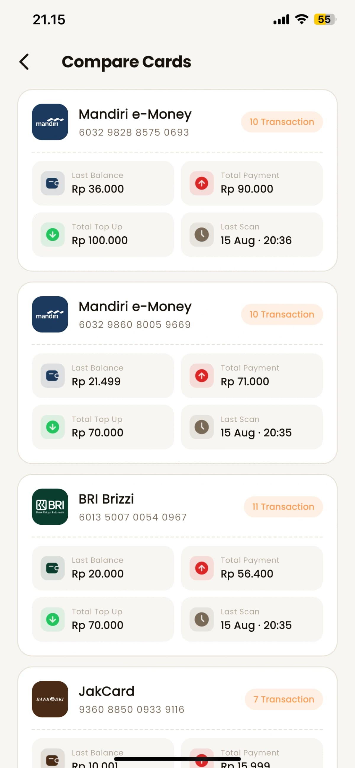 Riwayat saldo e-money di aplikasi Saldoku