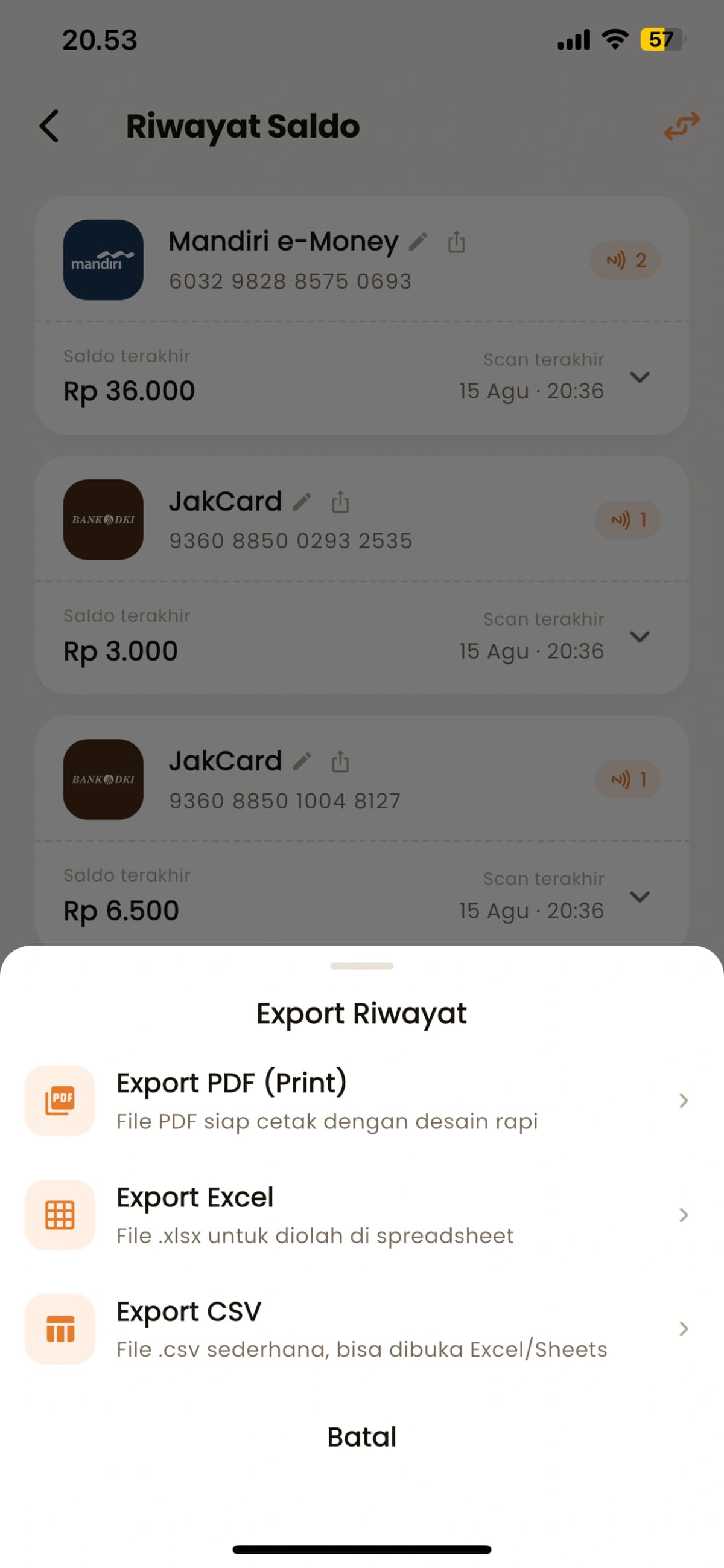 Export riwayat transaksi Saldoku