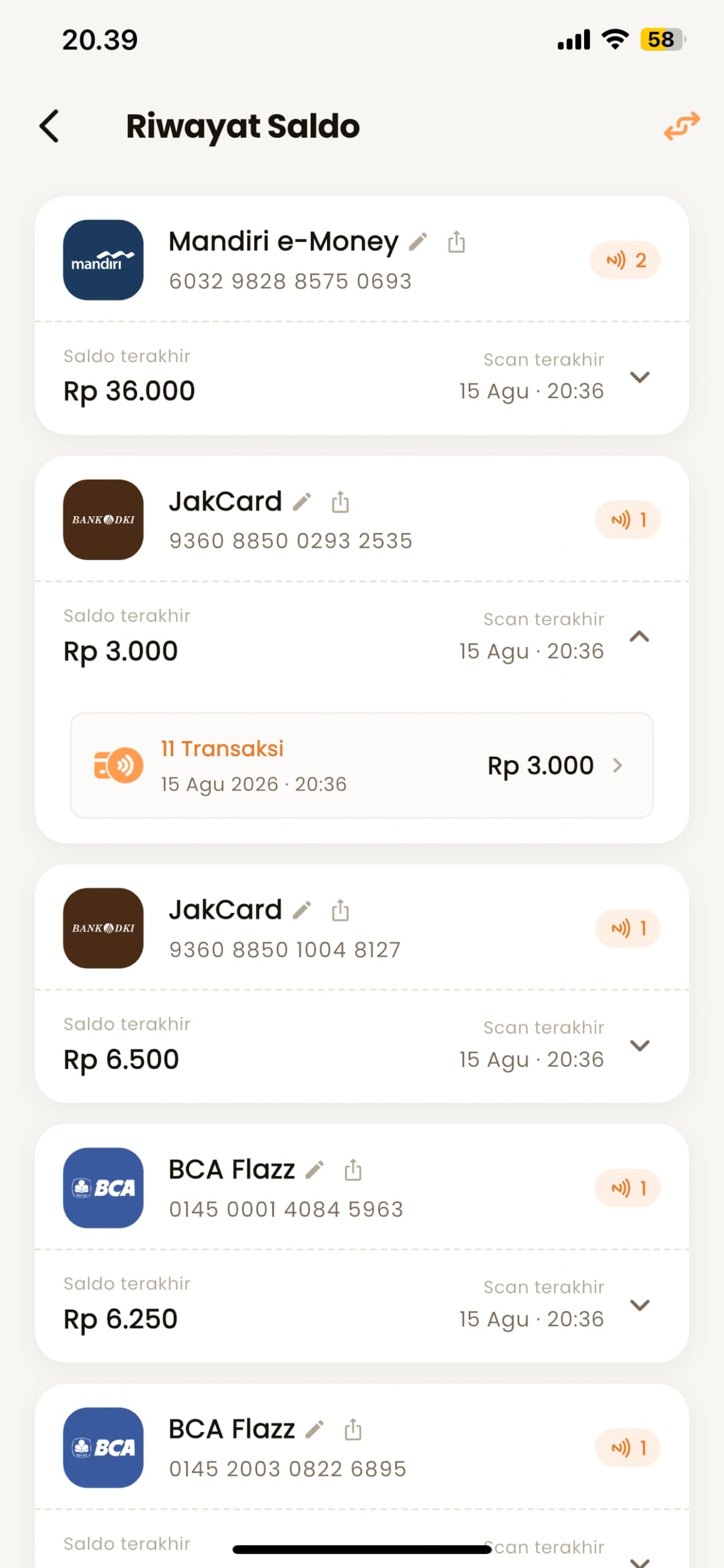 Riwayat saldo e-money lengkap di Saldoku