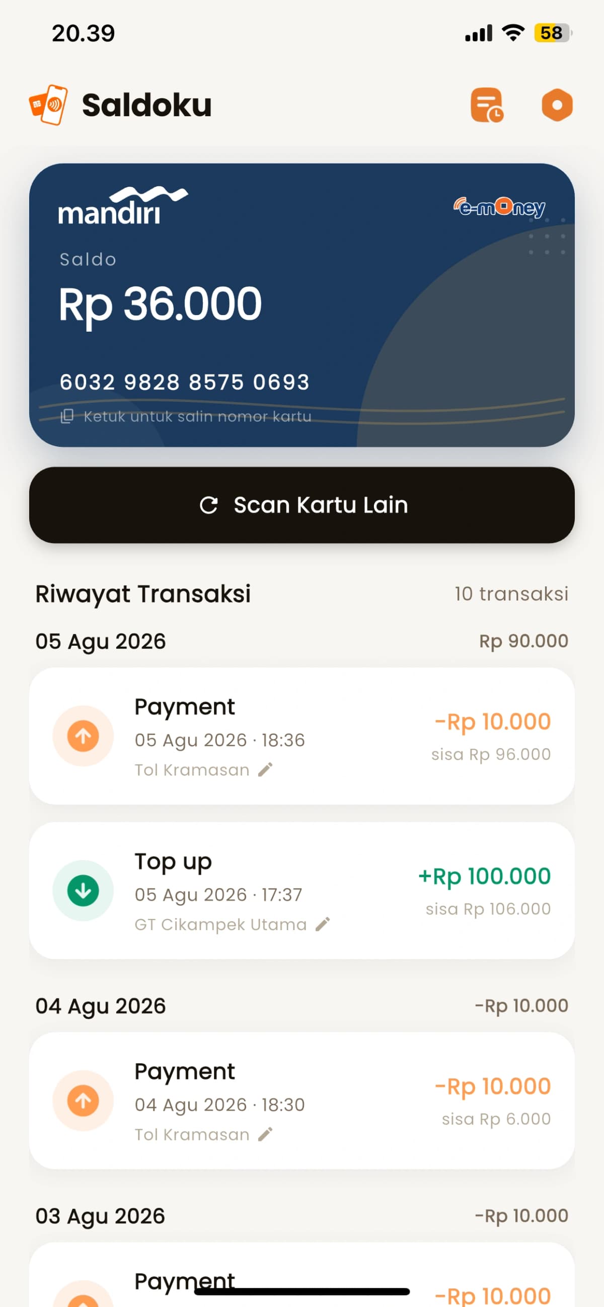 Tampilan aplikasi Saldoku membaca saldo e-money lewat NFC